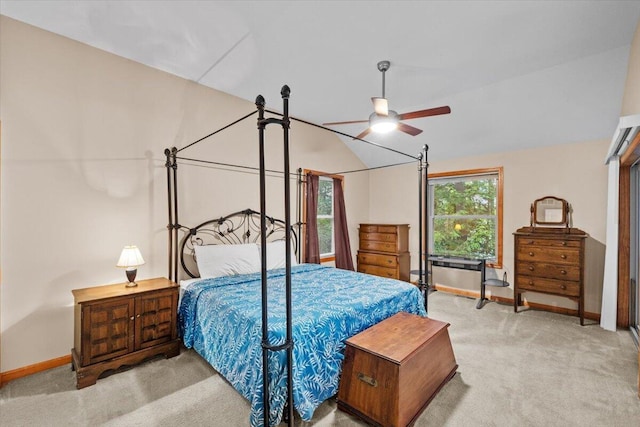 105 Waygood Way, Pocono Pines, PA 18350 - bedroom featuring carpet flooring, vaulted ceiling, and ceiling fan