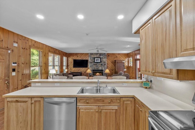 105 Waygood Way, Pocono Pines, PA 18350 - kitchen with stainless steel appliances, wooden walls, a ceiling fan, a fireplace, and plenty of natural light