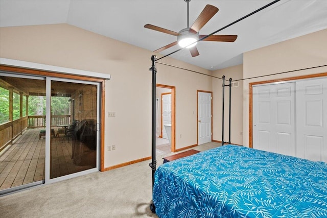 105 Waygood Way, Pocono Pines, PA 18350 - bedroom featuring access to outside, vaulted ceiling, carpet floors, and a ceiling fan