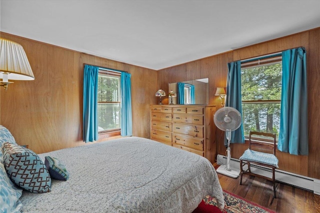 105 Waygood Way, Pocono Pines, PA 18350 - bedroom featuring a baseboard heating unit, wood walls, and wood finished floors
