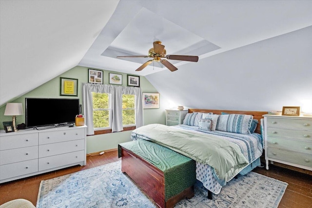 105 Waygood Way, Pocono Pines, PA 18350 - bedroom with wood finished floors, a ceiling fan, and lofted ceiling