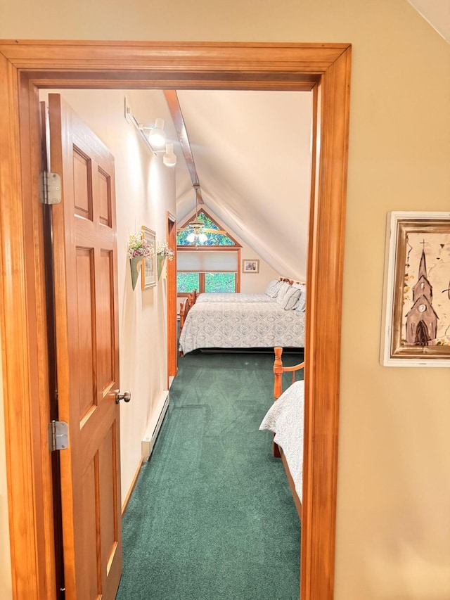 155 Clifton Dr, Bushkill, PA 18324 - bedroom with carpet floors, vaulted ceiling, and baseboard heating