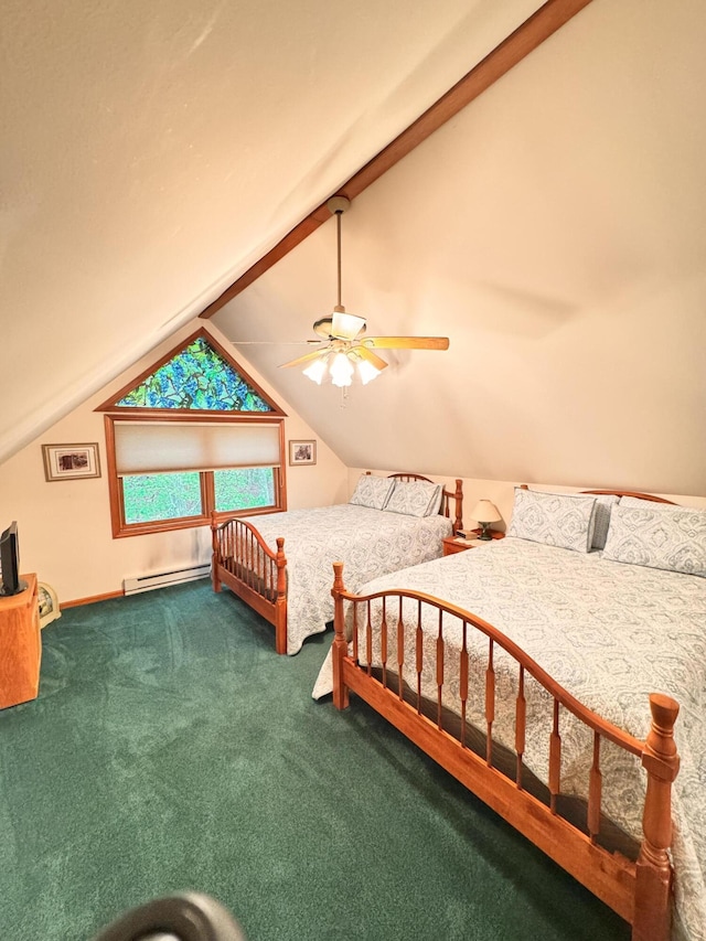 155 Clifton Dr, Bushkill, PA 18324 - carpeted bedroom featuring a baseboard radiator, vaulted ceiling, and a ceiling fan