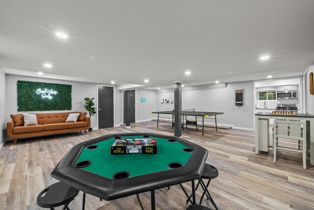 181 Williams Ln, Scotrun, PA 18355 - below grade area featuring baseboard heating, recessed lighting, wood finished floors, and baseboards