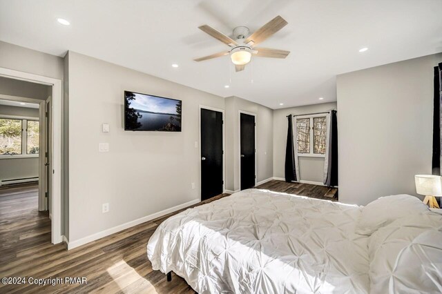 181 Williams Ln, Scotrun, PA 18355 - bedroom featuring baseboard heating, wood finished floors, baseboards, recessed lighting, and a ceiling fan