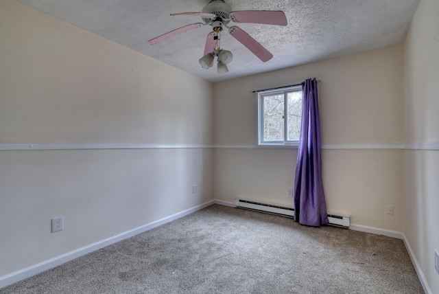 1452 Waterfront Dr, Tobyhanna, PA 18466 - empty room with a textured ceiling, carpet flooring, a baseboard radiator, a ceiling fan, and baseboards