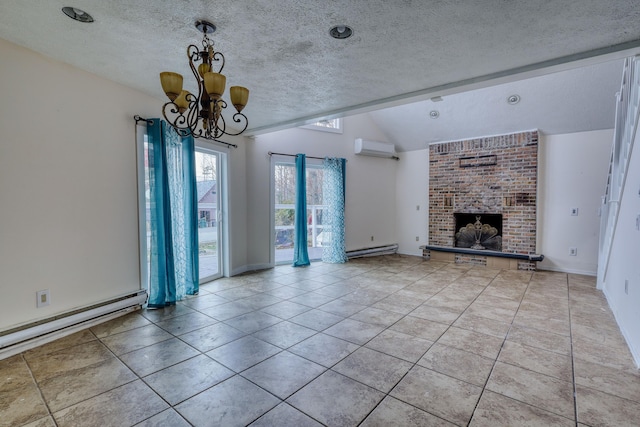 1452 Waterfront Dr, Tobyhanna, PA 18466 - unfurnished living room featuring a wall unit AC, lofted ceiling, a textured ceiling, a baseboard radiator, and a chandelier