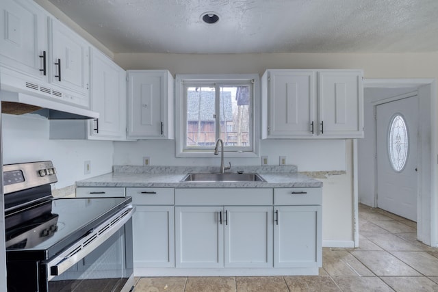1452 Waterfront Dr, Tobyhanna, PA 18466 - kitchen with stainless steel range with electric stovetop, a sink, under cabinet range hood, white cabinetry, and a textured ceiling