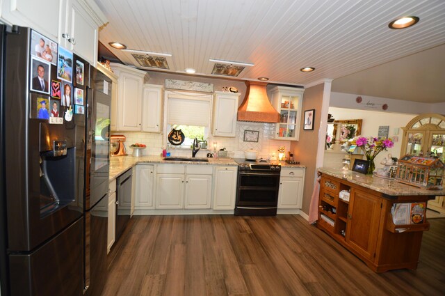 1618 Kickapoo Ter, Effort, PA 18330 - kitchen with refrigerator with ice dispenser, custom exhaust hood, stainless steel range with electric stovetop, black dishwasher, and dark wood finished floors