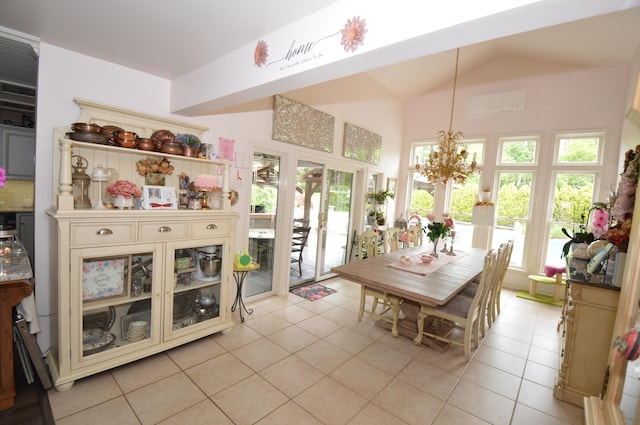 1618 Kickapoo Ter, Effort, PA 18330 - dining space featuring light tile patterned floors, a chandelier, high vaulted ceiling, and a wall mounted AC