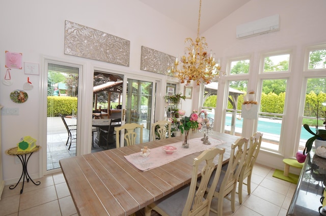 1618 Kickapoo Ter, Effort, PA 18330 - dining space with light tile patterned floors, an AC wall unit, high vaulted ceiling, and a chandelier