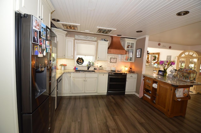 1618 Kickapoo Ter, Effort, PA 18330 - kitchen with stainless steel refrigerator with ice dispenser, electric range oven, custom range hood, dark wood finished floors, and wooden ceiling