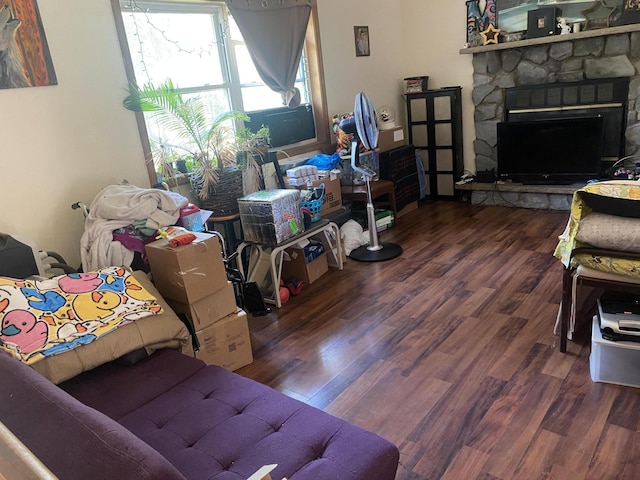 139 Davis Cir, Bushkill, PA 18324 - living area with wood finished floors and a stone fireplace