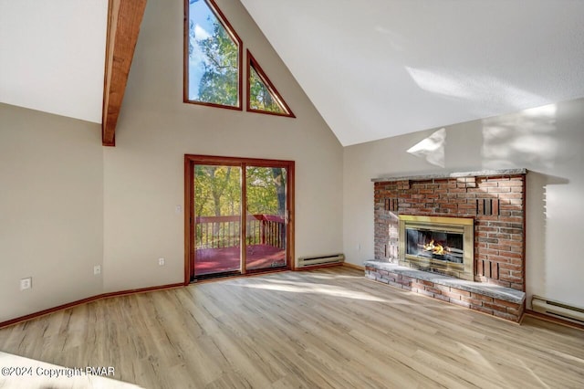 unfurnished living room with a baseboard heating unit, a brick fireplace, high vaulted ceiling, and wood finished floors