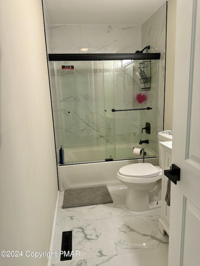 full bathroom featuring enclosed tub / shower combo, marble finish floor, toilet, and vanity