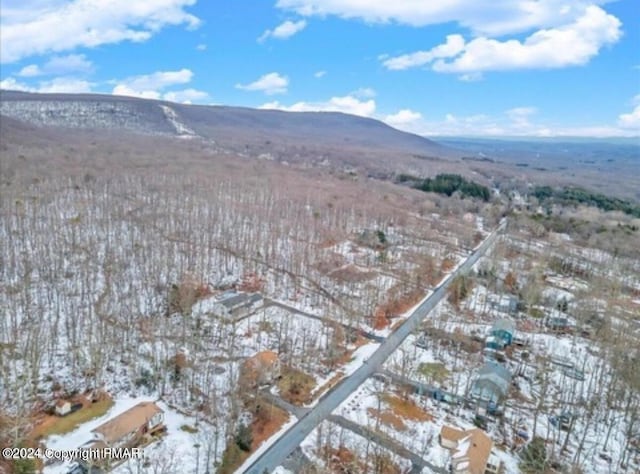 snowy aerial view featuring a mountain view