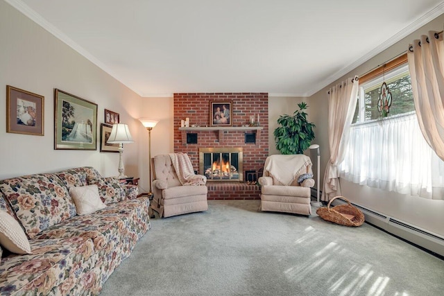 148 Summit Ave, Pocono Summit, PA 18346 - carpeted living area featuring ornamental molding, a fireplace, and a baseboard radiator