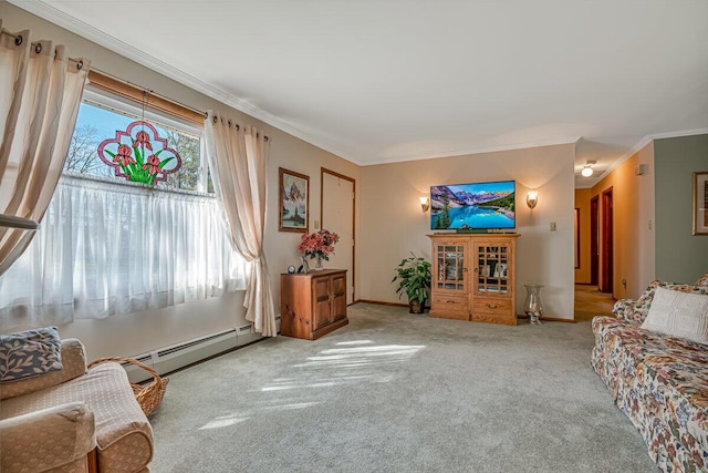 148 Summit Ave, Pocono Summit, PA 18346 - living room featuring crown molding, baseboard heating, carpet, and baseboards