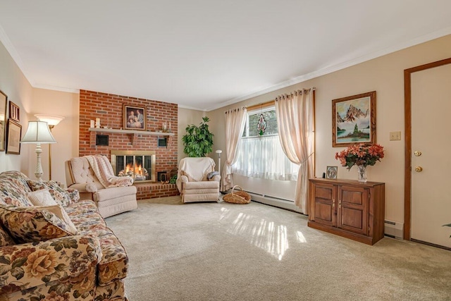 148 Summit Ave, Pocono Summit, PA 18346 - living room with a brick fireplace, crown molding, carpet, and a baseboard radiator
