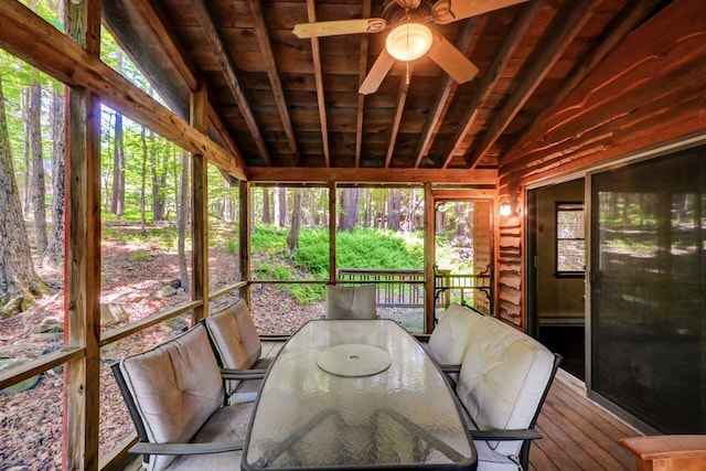 13 Sheffick Rd, Clifton Township, PA 18424 - sunroom / solarium featuring vaulted ceiling, outdoor dining area, and a ceiling fan