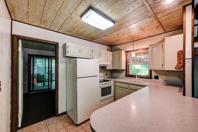 13 Sheffick Rd, Clifton Township, PA 18424 - kitchen with white appliances, wood ceiling, light countertops, light tile patterned flooring, and decorative light fixtures