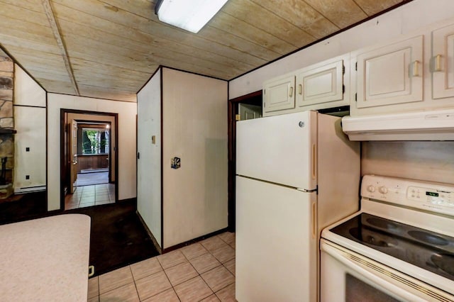 13 Sheffick Rd, Clifton Township, PA 18424 - kitchen featuring white appliances, exhaust hood, wooden ceiling, light tile patterned floors, and a baseboard heating unit