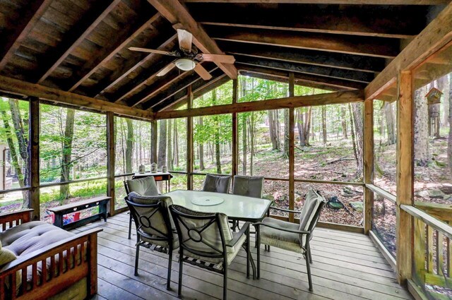 13 Sheffick Rd, Clifton Township, PA 18424 - sunroom / solarium featuring a ceiling fan, lofted ceiling, outdoor dining space, and healthy amount of natural light