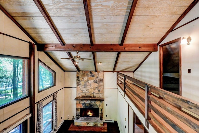 13 Sheffick Rd, Clifton Township, PA 18424 - unfurnished living room featuring wood ceiling and a stone fireplace