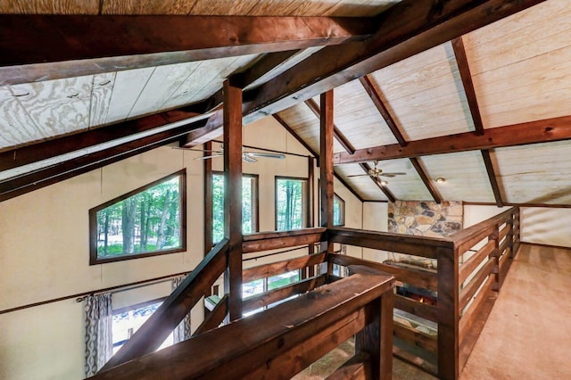 13 Sheffick Rd, Clifton Township, PA 18424 - detailed view of a wooden ceiling with exposed beams, ceiling fan, and carpet flooring