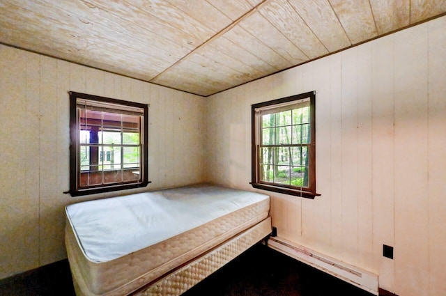 13 Sheffick Rd, Clifton Township, PA 18424 - bedroom featuring a baseboard radiator, wooden ceiling, and wood walls