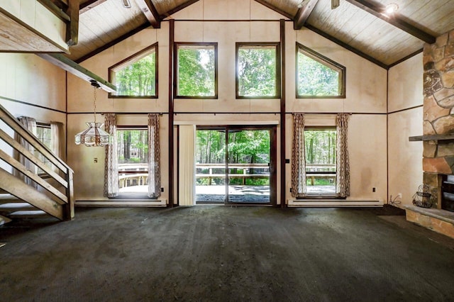 13 Sheffick Rd, Clifton Township, PA 18424 - unfurnished living room with high vaulted ceiling, a baseboard heating unit, a wooden ceiling with exposed beams, stairs, and a fireplace