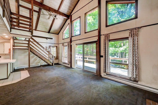 13 Sheffick Rd, Clifton Township, PA 18424 - unfurnished living room with high vaulted ceiling, a baseboard radiator, a baseboard heating unit, a wooden ceiling with exposed beams, and a ceiling fan