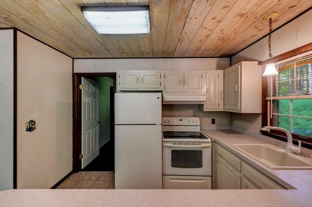 13 Sheffick Rd, Clifton Township, PA 18424 - kitchen featuring white appliances, under cabinet range hood, wood ceiling, light countertops, and pendant lighting