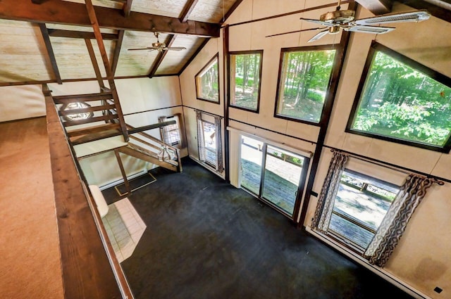 13 Sheffick Rd, Clifton Township, PA 18424 - unfurnished living room featuring ceiling fan, plenty of natural light, dark colored carpet, and wooden ceiling