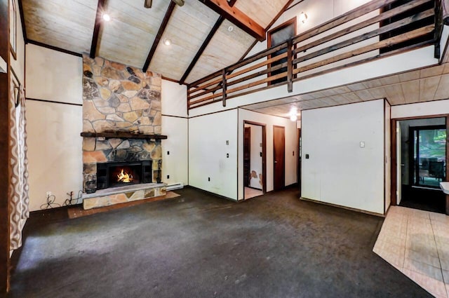 13 Sheffick Rd, Clifton Township, PA 18424 - unfurnished living room featuring a fireplace, carpet flooring, high vaulted ceiling, a wood ceiling with exposed beams, and a baseboard heating unit
