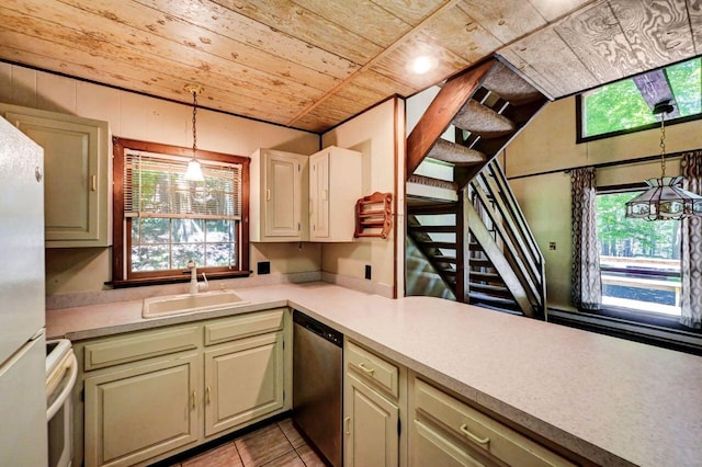 13 Sheffick Rd, Clifton Township, PA 18424 - kitchen featuring dishwasher, range, wood ceiling, light countertops, and pendant lighting