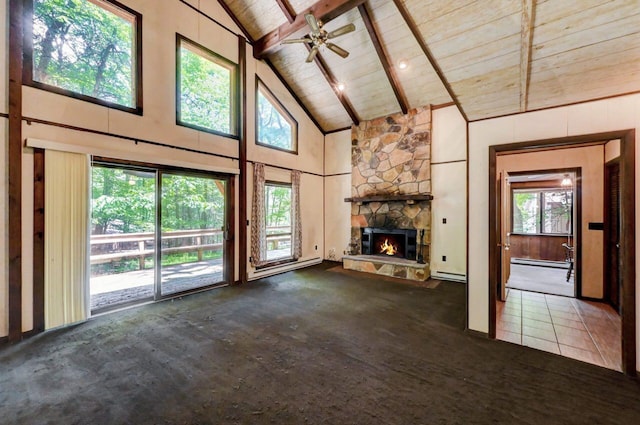 13 Sheffick Rd, Clifton Township, PA 18424 - unfurnished living room with high vaulted ceiling, a baseboard heating unit, a fireplace, a wood ceiling with exposed beams, and baseboard heating