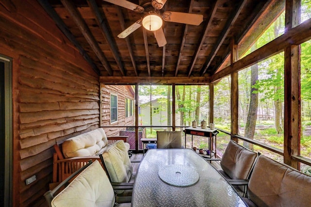 13 Sheffick Rd, Clifton Township, PA 18424 - sunroom featuring lofted ceiling, ceiling fan, outdoor dining area, and an outdoor living space