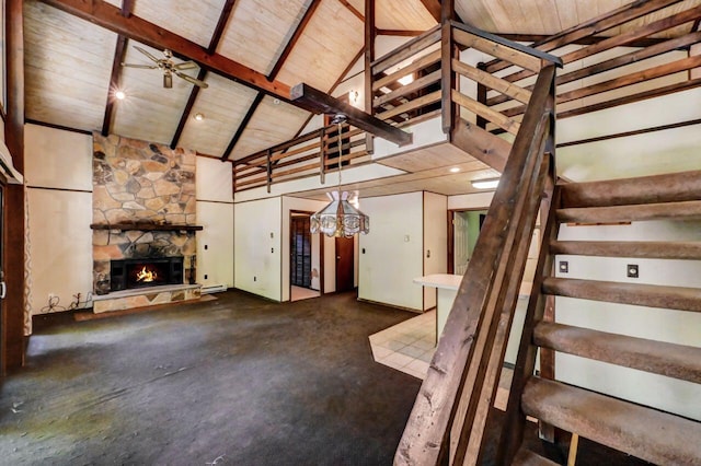 13 Sheffick Rd, Clifton Township, PA 18424 - unfurnished living room featuring stairs, high vaulted ceiling, a fireplace, a wooden ceiling with exposed beams, and a chandelier
