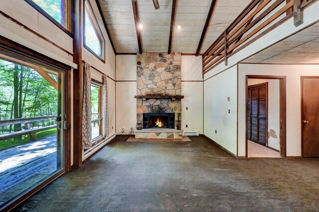 13 Sheffick Rd, Clifton Township, PA 18424 - unfurnished living room featuring a fireplace, a wooden ceiling with exposed beams, high vaulted ceiling, and baseboard heating