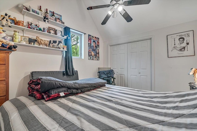 2218 Lancaster Dr, Lehman, PA 18324 - bedroom with lofted ceiling, a closet, and ceiling fan