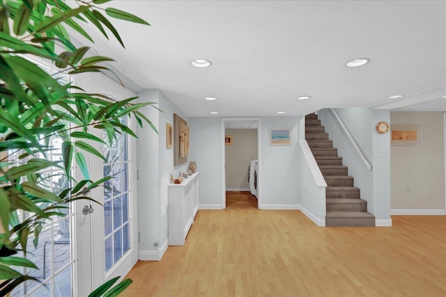 95 Franklin Heights Rd, Lehighton, PA 18235 - entrance foyer featuring light wood-style floors, stairs, washer / dryer, baseboards, and recessed lighting