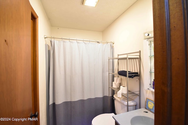 full bath with vanity, toilet, and a shower with curtain