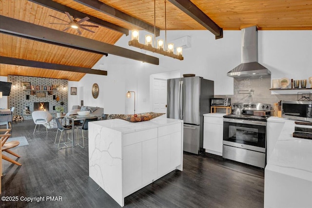 9871 Deerwood Dr, Tobyhanna, PA 18466 - kitchen with appliances with stainless steel finishes, wall chimney range hood, a brick fireplace, wooden ceiling, and modern cabinets