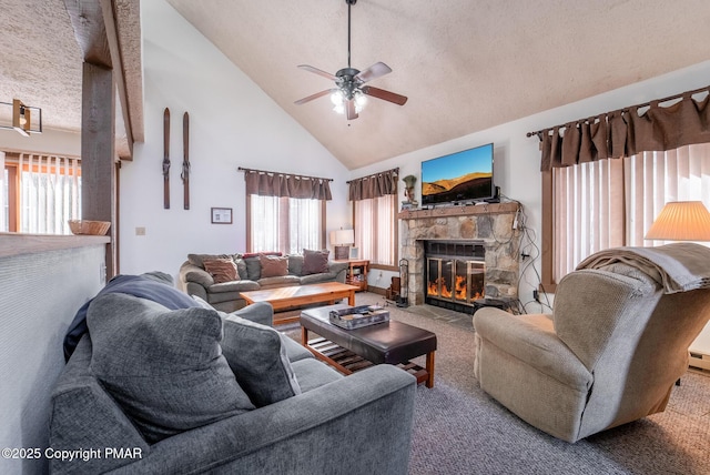 living area featuring a fireplace, a baseboard heating unit, a ceiling fan, carpet flooring, and high vaulted ceiling