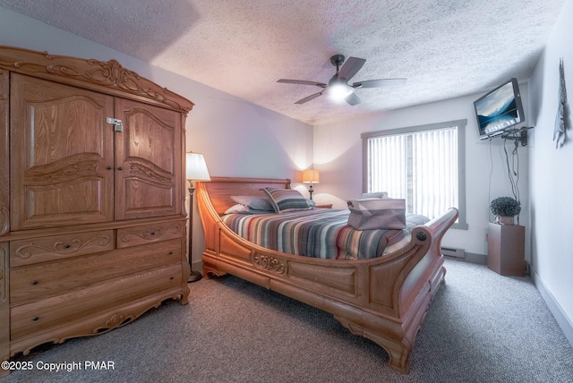 bedroom featuring light carpet, a ceiling fan, baseboards, and a textured ceiling