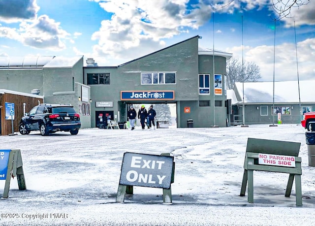 view of snow covered building