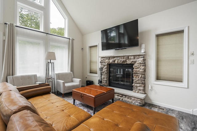 4130 Mill Creek Dr, Cresco, PA 18326 - living area with a stone fireplace and high vaulted ceiling