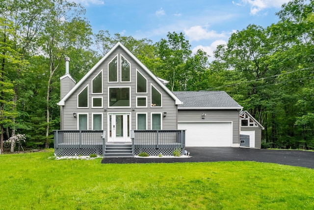 4130 Mill Creek Dr, Cresco, PA 18326 - rustic home featuring a front yard, driveway, an attached garage, a chimney, and a deck