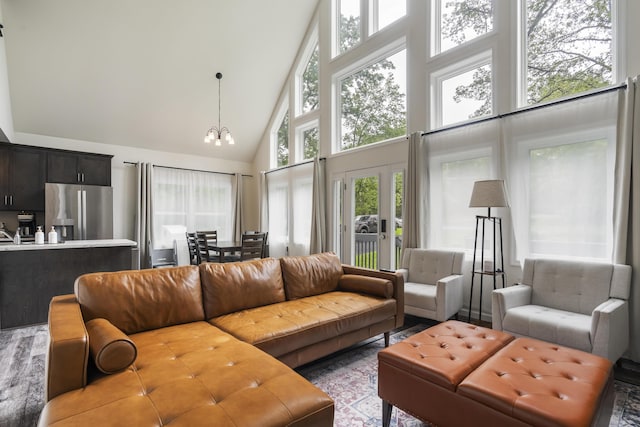 4130 Mill Creek Dr, Cresco, PA 18326 - living room featuring high vaulted ceiling and a chandelier